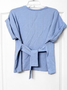 Express Blue Tie Waist Knit Top Women’s Small Rayon Blend Short Sleeve Blouse